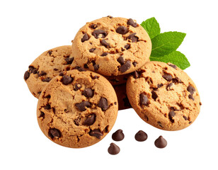 Fresh baked chocolate chip cookies with mint garnish isolated
