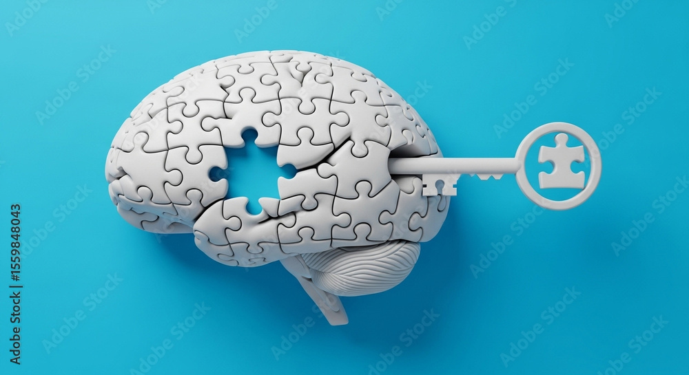 Aufkleber a brain made of puzzle pieces with a key going into it on a blue colored background studio shot