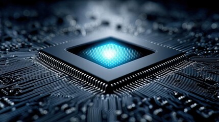 Programmable chip for atomic and compact logic concept. Close-up of a microchip with glowing elements on a circuit board.