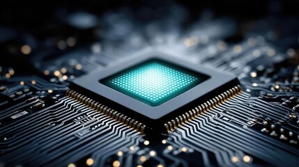 Programmable chip for atomic and compact logic concept. Close-up of a modern microprocessor on a circuit board.