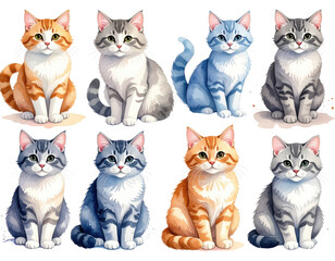 A charming collection of eight watercolor-style cat illustrations, showcasing various tabby patterns and fur colors with expressive faces.
