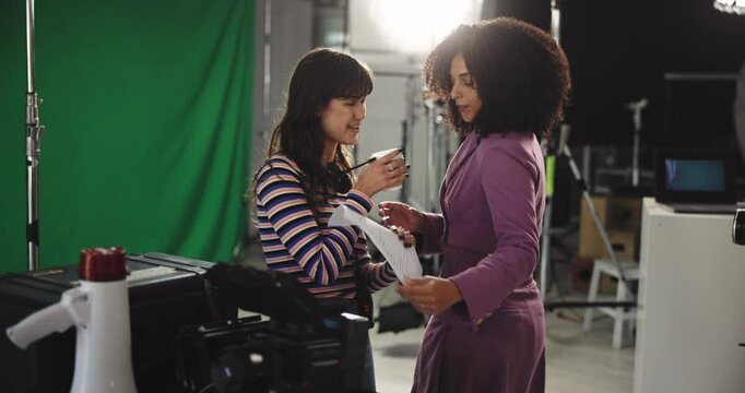 Filming, paper and makeup with actress on set for shooting, foundation application and broadcast. Production setup, backstage prep and reading script with woman in studio for process and media