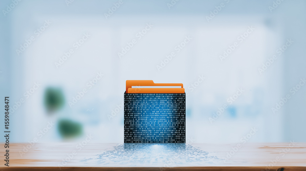 Poster digital data folder: a modern office setting with a digitally rendered file folder, symbolizing data