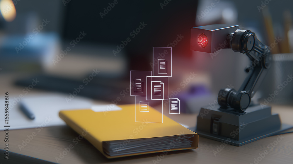 Aufkleber document scanning: a modern document scanner efficiently digitizes a stack of file with holographic 