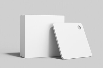 rounded square flash card mockup with packaging box isolated standing 45 degree view 3d render illustration