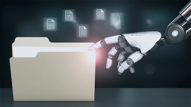 AI Accessing Digital Data: A robotic hand interacts with a virtual file, symbolizing the seamless connection between artificial intelligence and data in the digital age.