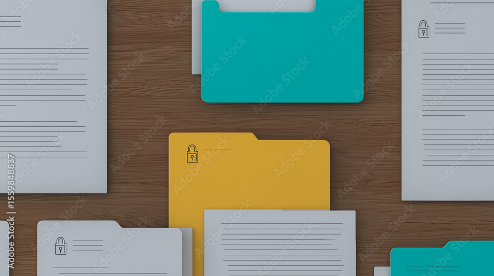 Poster document security: secure documents arranged on a wooden surface, with folders showcasing a lock sym