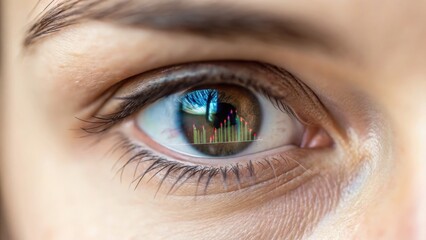 An eye reflecting a digital graph, symbolizing data analysis and insight in business or finance.
