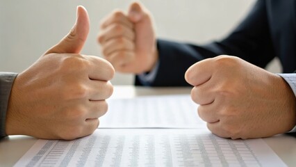 Two hands are depicted, one giving a thumbs-up and the other clenched in a fist, placed on a document, suggesting a decision or negotiation.