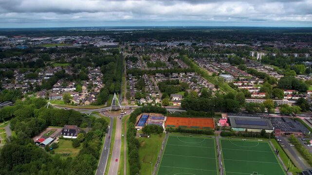 An panoramic Aerial view of the old town of the city Drachten in the Netherlands on a cloudy morning in summer