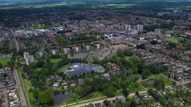 An panoramic Aerial view of the old town of the city Drachten in the Netherlands on a cloudy morning in summer