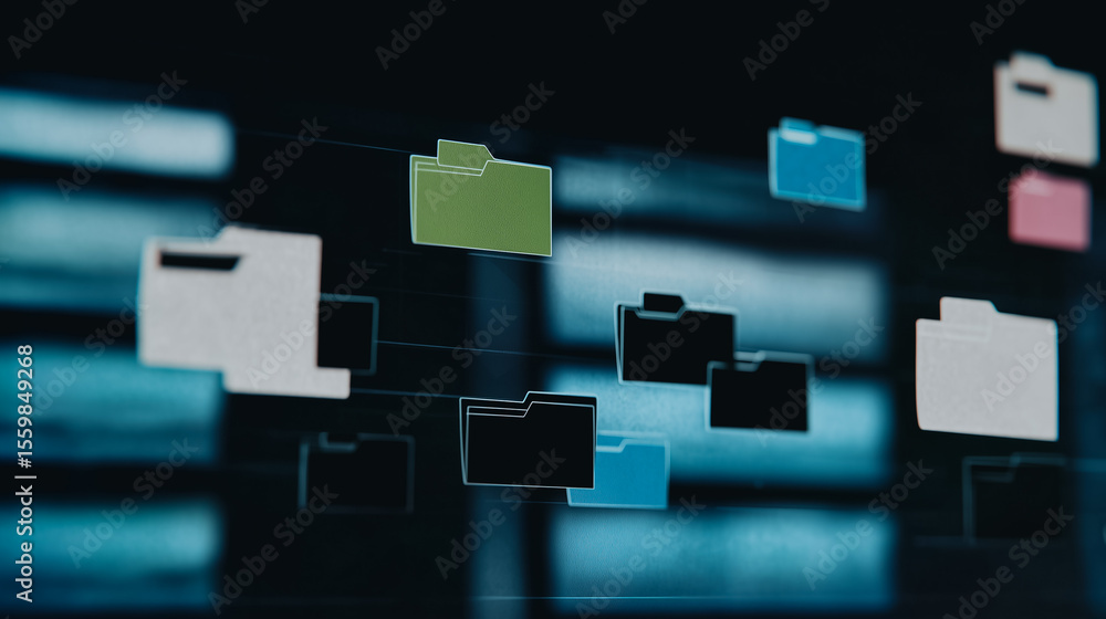Poster digital file management: abstract image of colorful file folder icons floating over a dark blue digi
