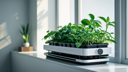 A modern indoor garden featuring a variety of green plants and herbs.