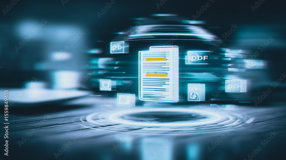 Poster digital document access: abstract representation of a digital document or data surrounded by informa