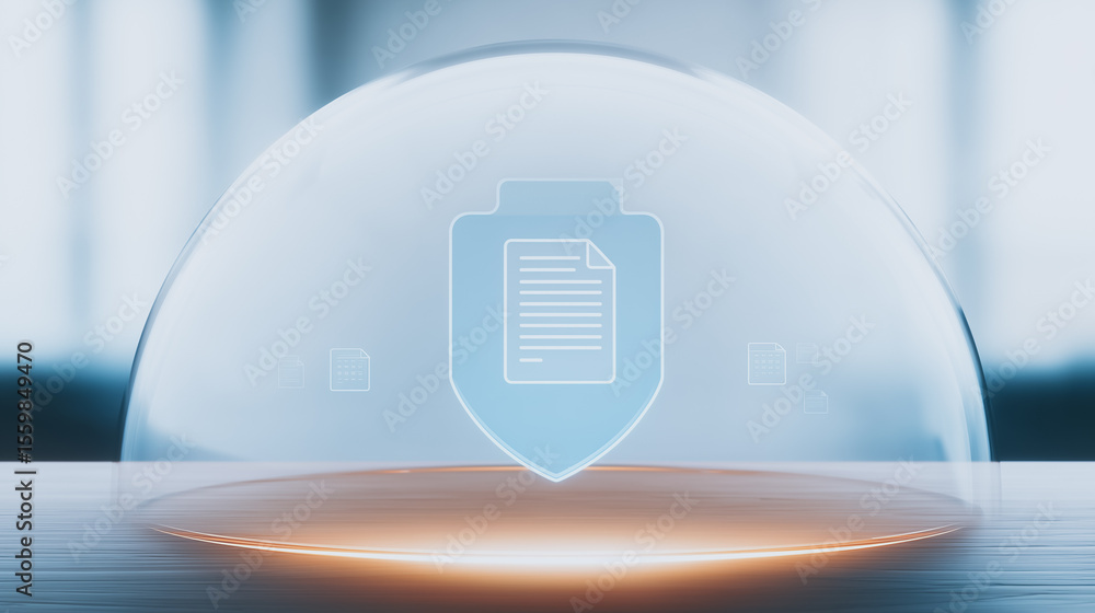 Poster data protection shield: an illuminated glass dome shields a document icon, representing digital secu