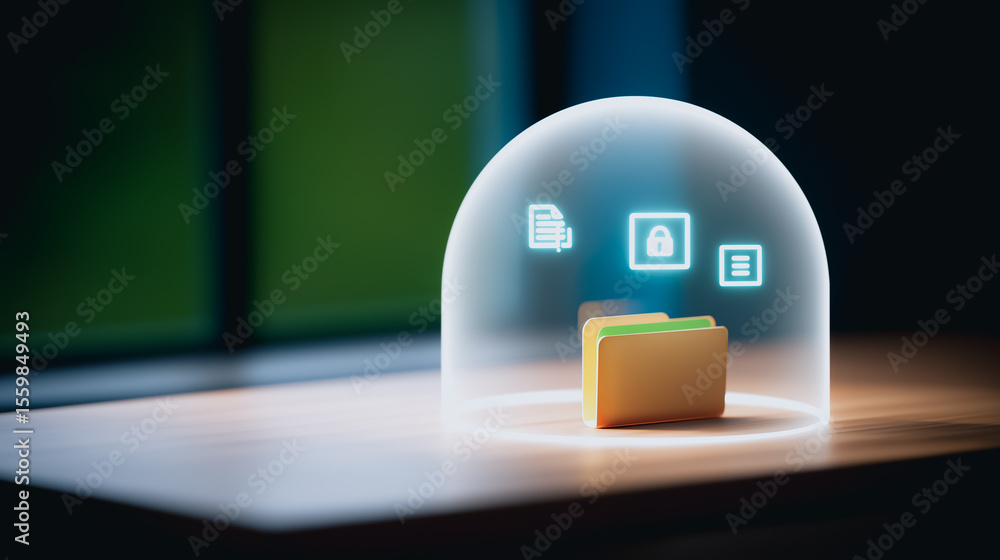Aufkleber protected files: a glowing dome shields a file folder, symbolizing the security and privacy of digit