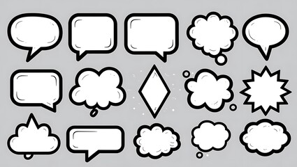 Collection of diverse comic book style speech and thought bubbles on a grey background