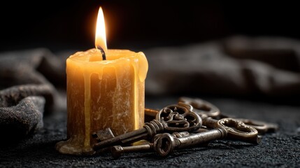 Golden candle melting next to antique rustic keys on dark cloth