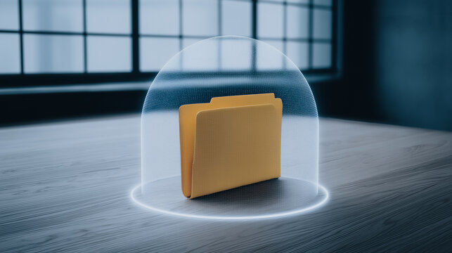 File Protection: A conceptual image showcasing data security, with a file folder encased within a glowing protective barrier, signifying the safeguarding of confidential information. 