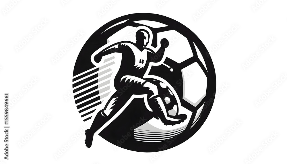 Poster isolated football icon with iconic black and white patch design shown in simple vector form on white