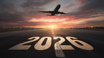 Airplane Taking Off Toward 2026 – New Year, Goals, and Future Journey Concept