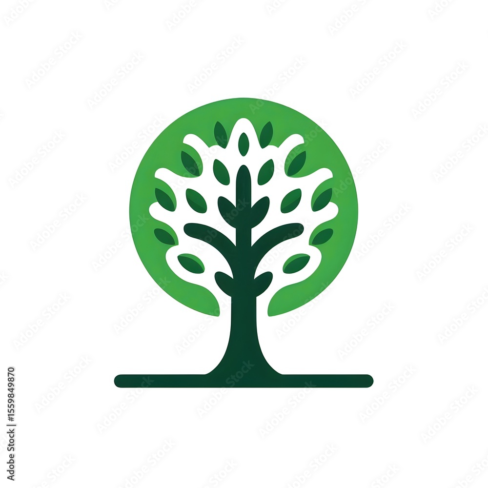 Poster green tree icon with simplified trunk and rounded leaves shown in flat vector style on clean white b