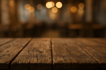 Rustic wooden table surface with softly blurred warm bokeh background