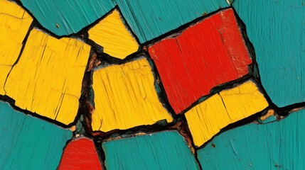 Vibrant Abstract Mosaic of Cracked Paint in Teal, Red, and Yellow