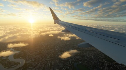 Aerial Perspective of Cityscape During Sunset from Commercial Airplane Window View