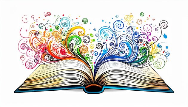 Open book with colorful swirls and cheerful hand-drawn doodles in a lively design style