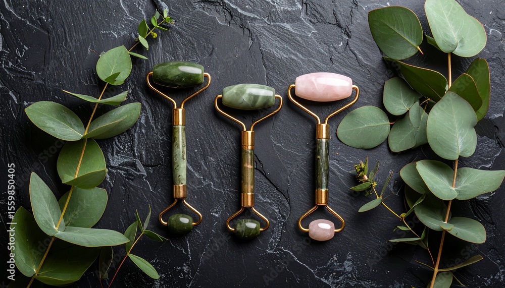 Poster dynamic flat lay of tools and plants on a slate background with natural hues display