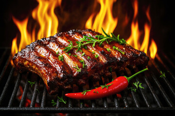 Juicy barbecued pork ribs with chili and rosemary on a grill with flames fire