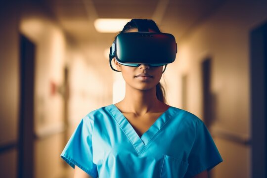Female doctor wearing virtual reality headset in hospital corridor