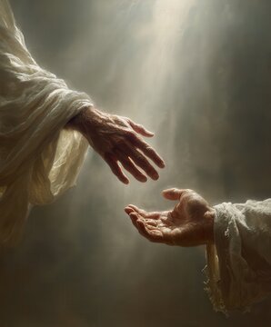 human hands reaching out toward the open hands of Jesus Christ 