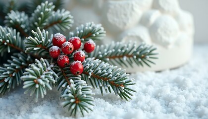 Close-up of snow-covered fir branch with red berries on snowy surface