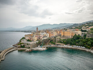 Aerial view of the Citadel of Bastia in the north of Corsica island - Genoese city overlooking the...