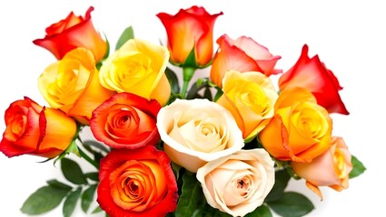 Vibrant bouquet of multi colored roses with red orange yellow and cream blooms