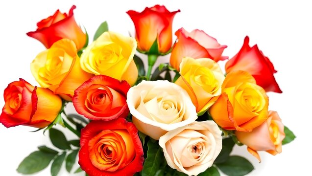 Vibrant bouquet of multi colored roses with red orange yellow and cream blooms
