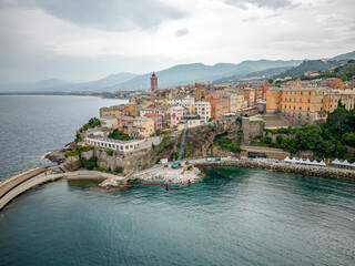 Naklejka premium Aerial view of the Citadel of Bastia in the north of Corsica island - Genoese city overlooking the Mediterranean Sea