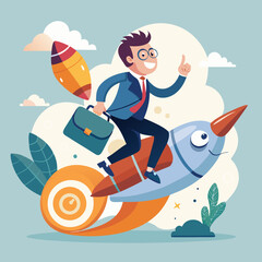 Fun cartoon vector illustration of a kid pilot flying a plane in the sky over the ocean