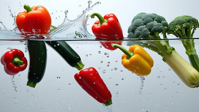 Fresh red and yellow bell peppers and broccoli falling into water