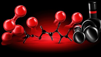 Molecular Structure: Red Spheres and Black Bonds on Red Gradient Background