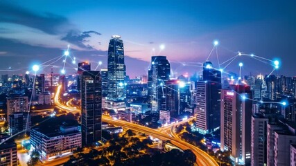 Futuristic city skyline at night with glowing network connections spanning buildings - Powered by Adobe