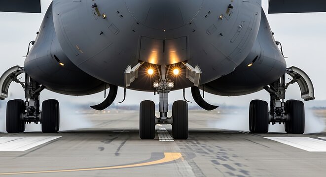 Boeing C-17 Globemaster III Landing Gear Touching Down on Runway, Powerful Military Aircraft Arriving at its Destination