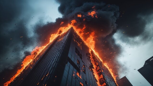 A skyscraper is ablaze, with fire and smoke billowing into a dark sky.