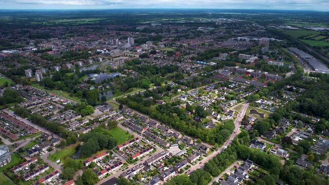 An panoramic Aerial view of the old town of the city Drachten in the Netherlands on a cloudy morning in summer