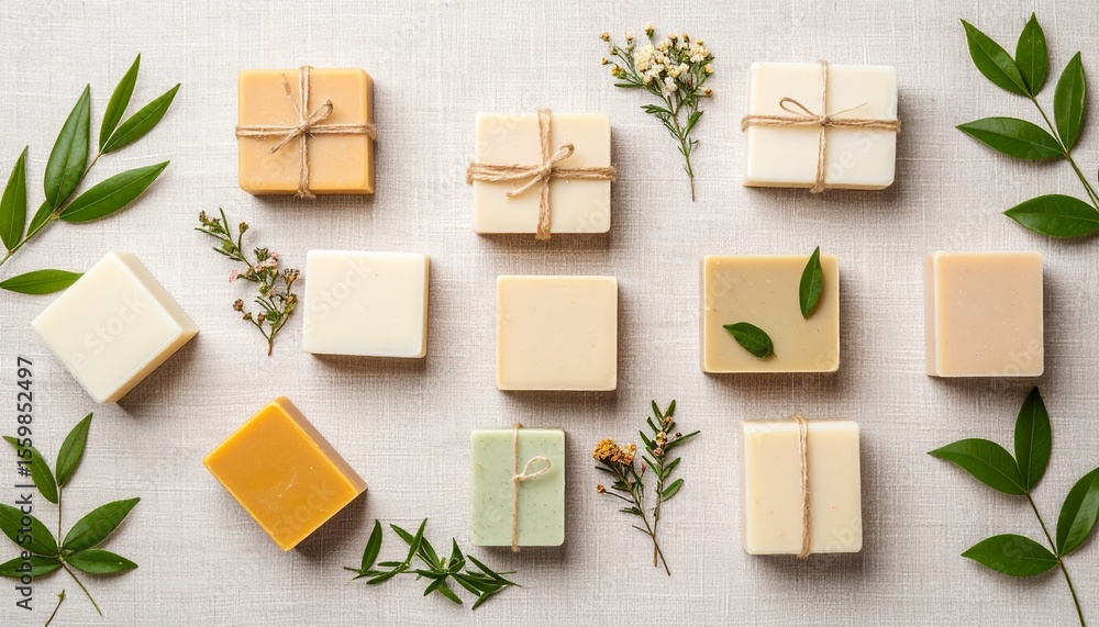 Poster dynamic flat lay of natural soaps and flowers on a table with soft linen background