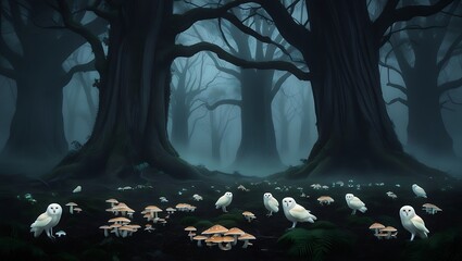 Enchanted Forest of Owls and Fungi