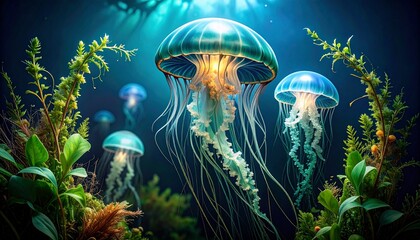 Elegant jellyfish swimming amidst seaweed in surreal tattoo style artwork design