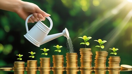 Hand watering small green plants growing on stacks of gold coins with sunlight